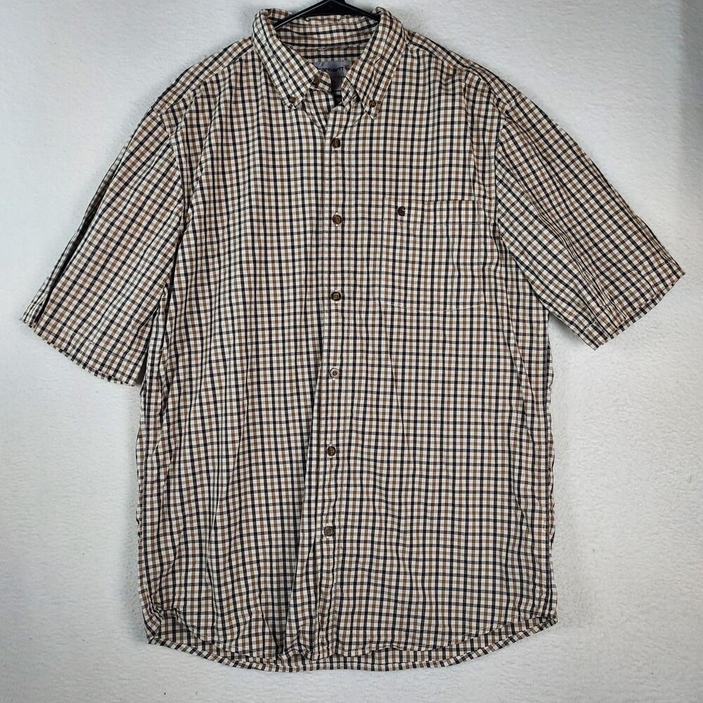 Carhartt Mens L Relaxed Fit Plaid Button Up Shirt Short Sleeve Workwear